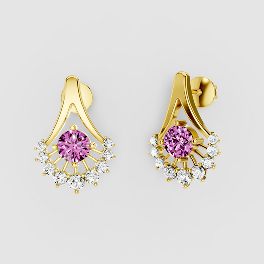Olivia - 18K Gold Round Pink Spinel & Moissanite Halo Earrings"