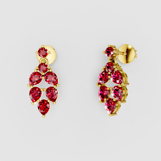Nicole - Solid 18K Gold Pear & Round Ruby Cluster Dangle Earrings"