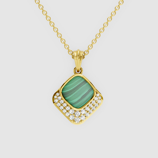 Olivia – 18K Gold Cushion Malachite & Moissanite Diamond-Frame Pendant