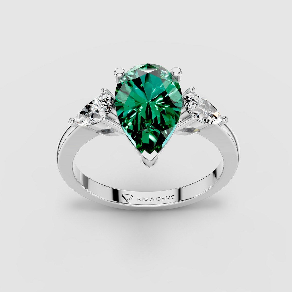 Sophia - Solid 18K Gold Pear Emerald with Pear Moissanite Side Stones