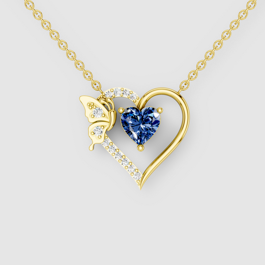 Anna - Solid 18K Gold Heart-Cut Blue Sapphire & Butterfly Drop Pendant"