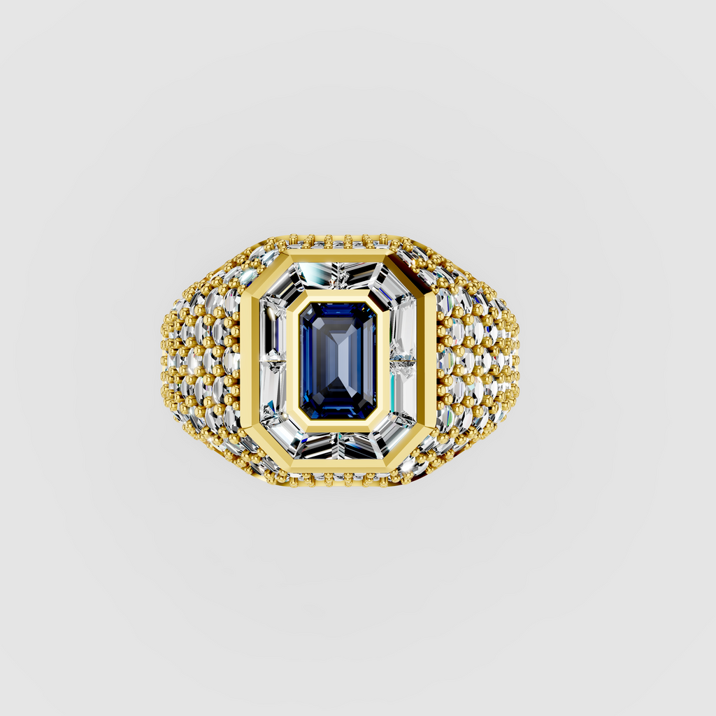 Adeline - Solid 18K Gold Emerald-Cut Sapphire with Baguette & Pavé Moissanite Halo Ring