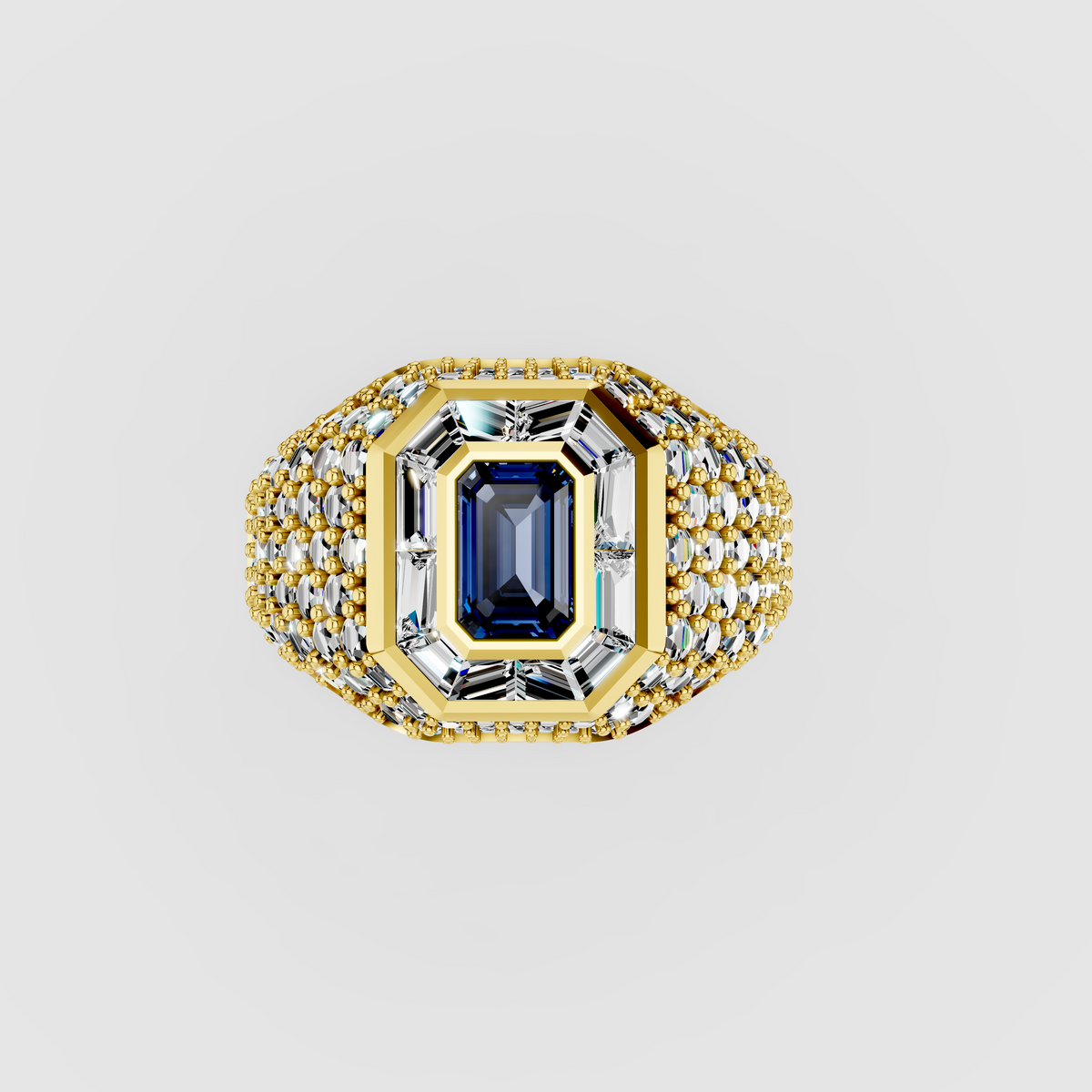 Adeline - Solid 18K Gold Emerald-Cut Sapphire with Baguette & Pavé Moissanite Halo Ring