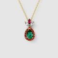 Linda - 18K Gold Pear Emerald Pendant with Ruby Halo & Moissanite Crown"