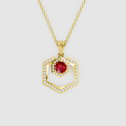 Scarlett – 18K Gold Geometric Double Hexagon Ruby & Moissanite Halo Pendant