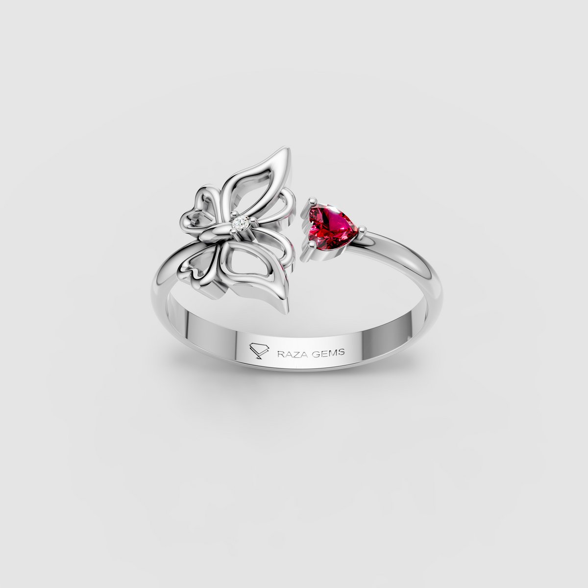 Hazel – 18K Gold Heart Ruby & Moissanite Butterfly Bypass Ring