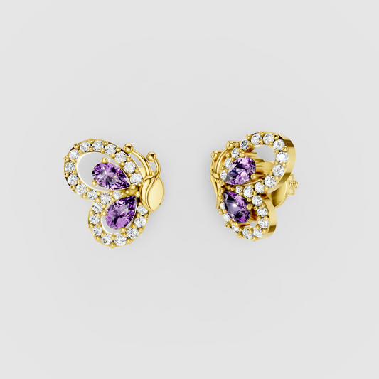 Anna - 18K Gold Pear Amethyst & Moissanite Halo Butterfly Stud Earrings"