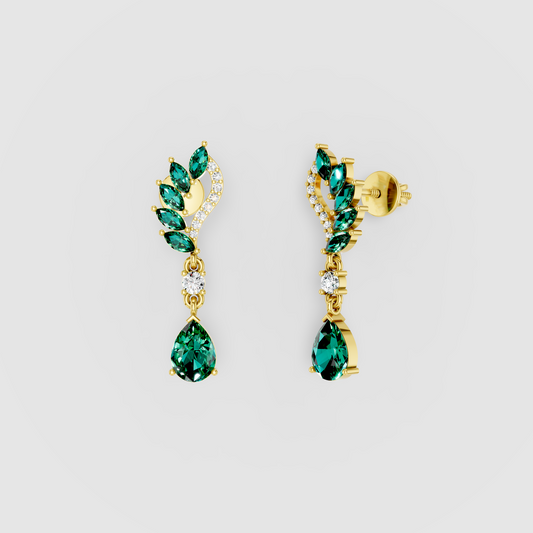 Angela - 18K Gold Marquise & Pear Emerald with Moissanite Earrings"