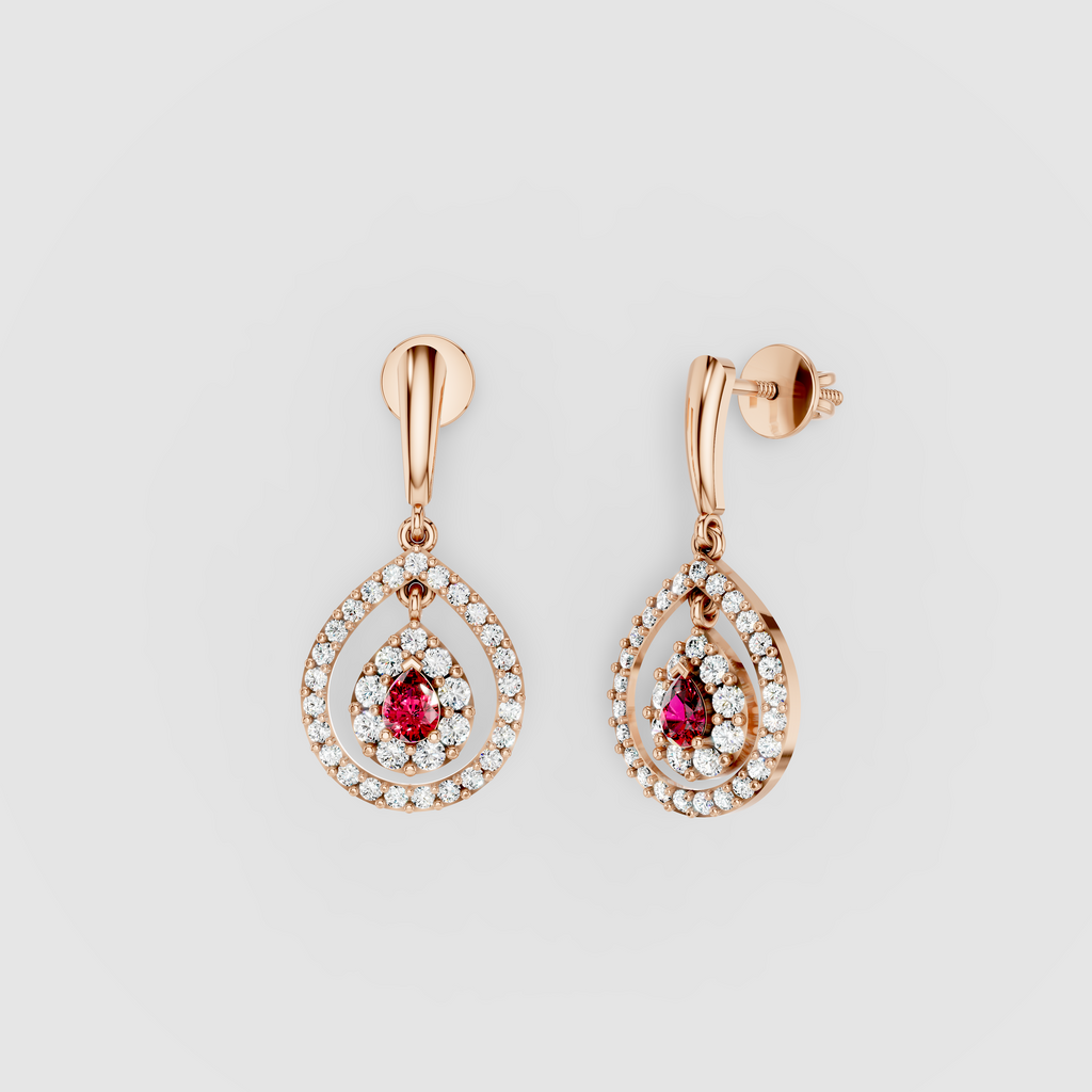 Jennifer - 18K Gold Pear Ruby & Double Moissanite Halo Teardrop Drop Earrings"