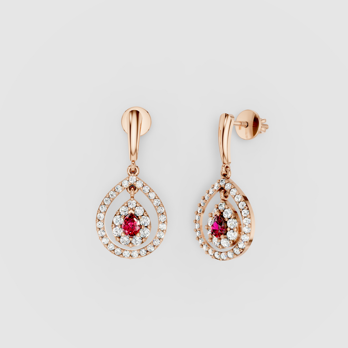 Jennifer - 18K Gold Pear Ruby & Double Moissanite Halo Teardrop Drop Earrings"