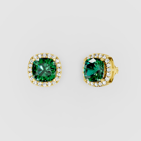 Kimberly - Solid 18K Gold Cushion Emerald with Moissanite Halo Earrings"