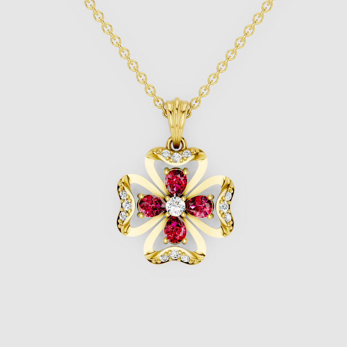 Hannah – 18K Gold Four-Leaf Clover Ruby & Moissanite Pendant