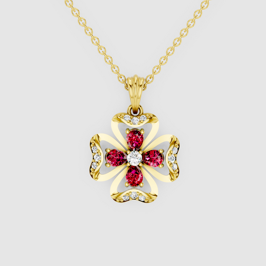 Hannah – 18K Gold Four-Leaf Clover Ruby & Moissanite Pendant