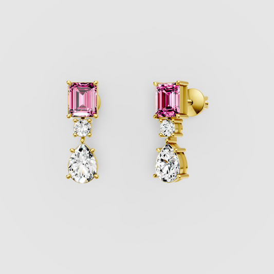 Amanda - 18K Gold Emerald-Cut Pink Tourmaline & Moissanite Drop Earrings"