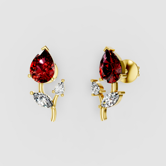 Laura - 18K Gold Red Spinel & Marquise Moissanite Stud Earrings"