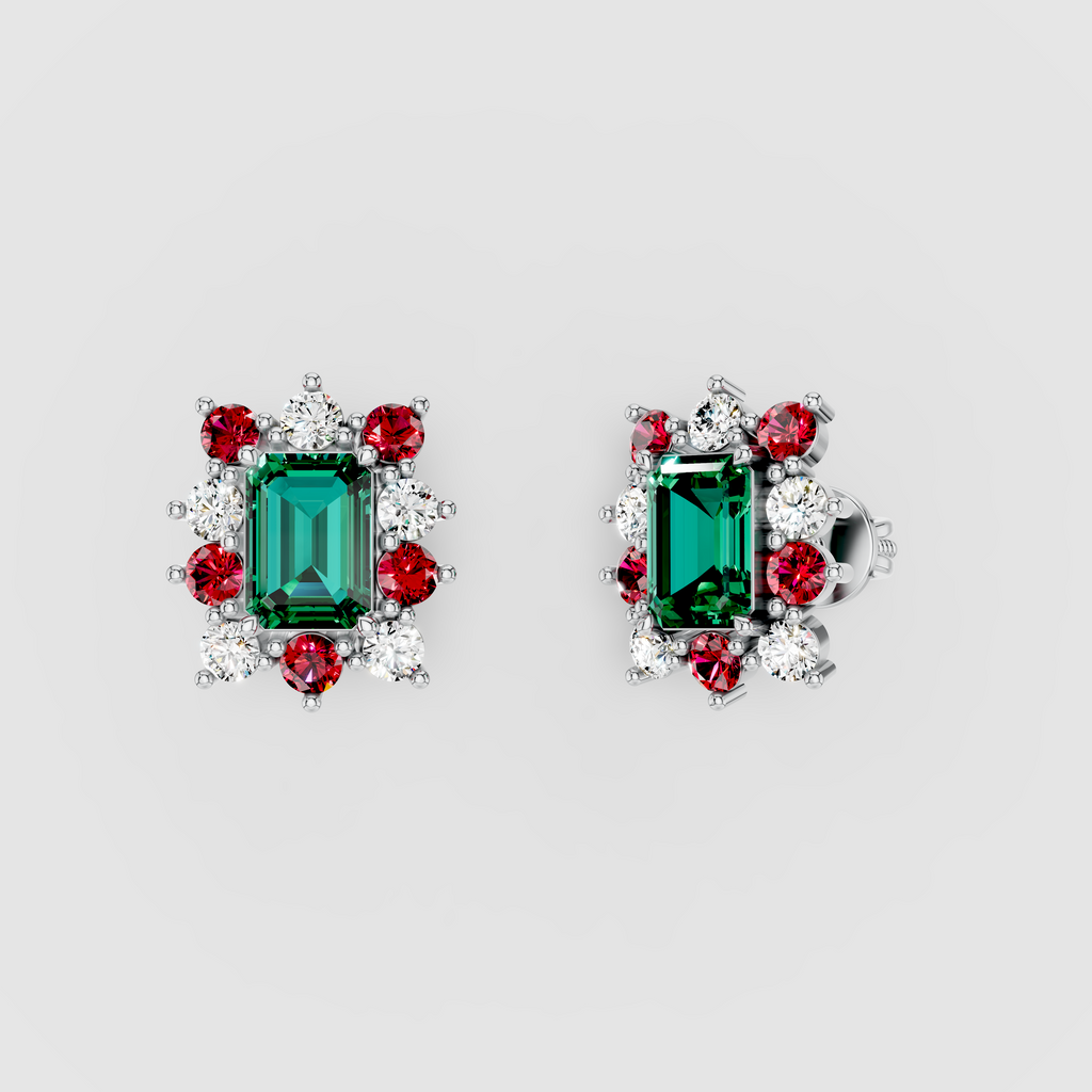 Deborah - Solid 18K Gold Emerald Gemstone with Ruby & Moissanite Starburst Halo Earrings" (Luxurious & Catchy)