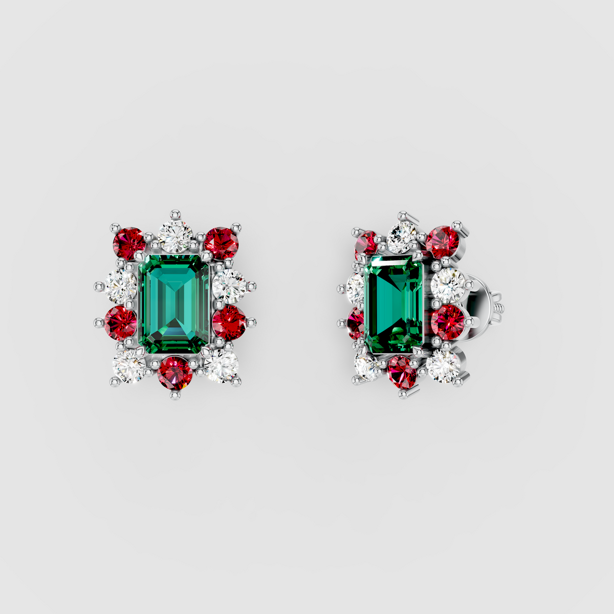 Deborah - Solid 18K Gold Emerald Gemstone with Ruby & Moissanite Starburst Halo Earrings" (Luxurious & Catchy)