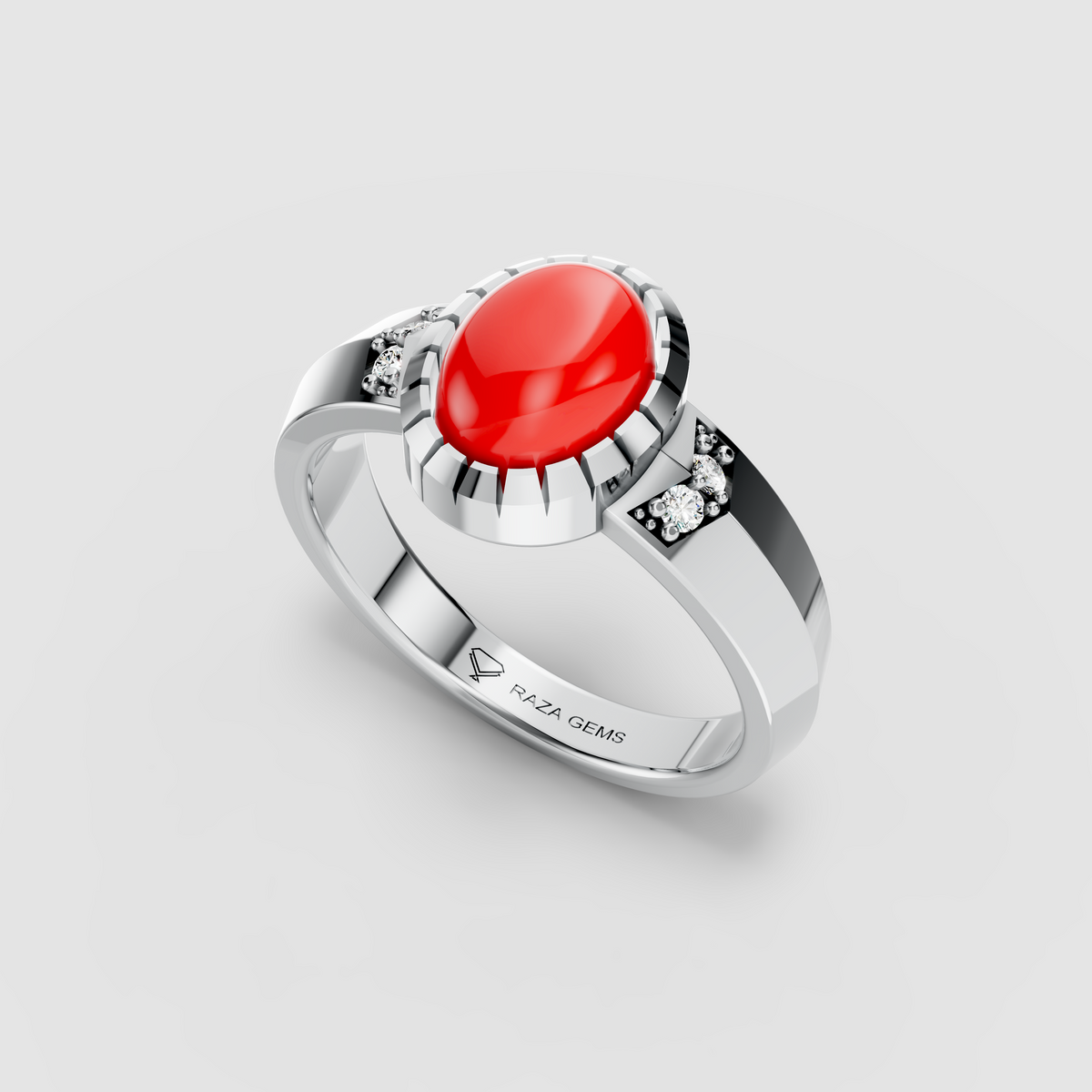 Myla – 18K Solid Gold Oval Coral & Moissanite Crown-Bezel Ring