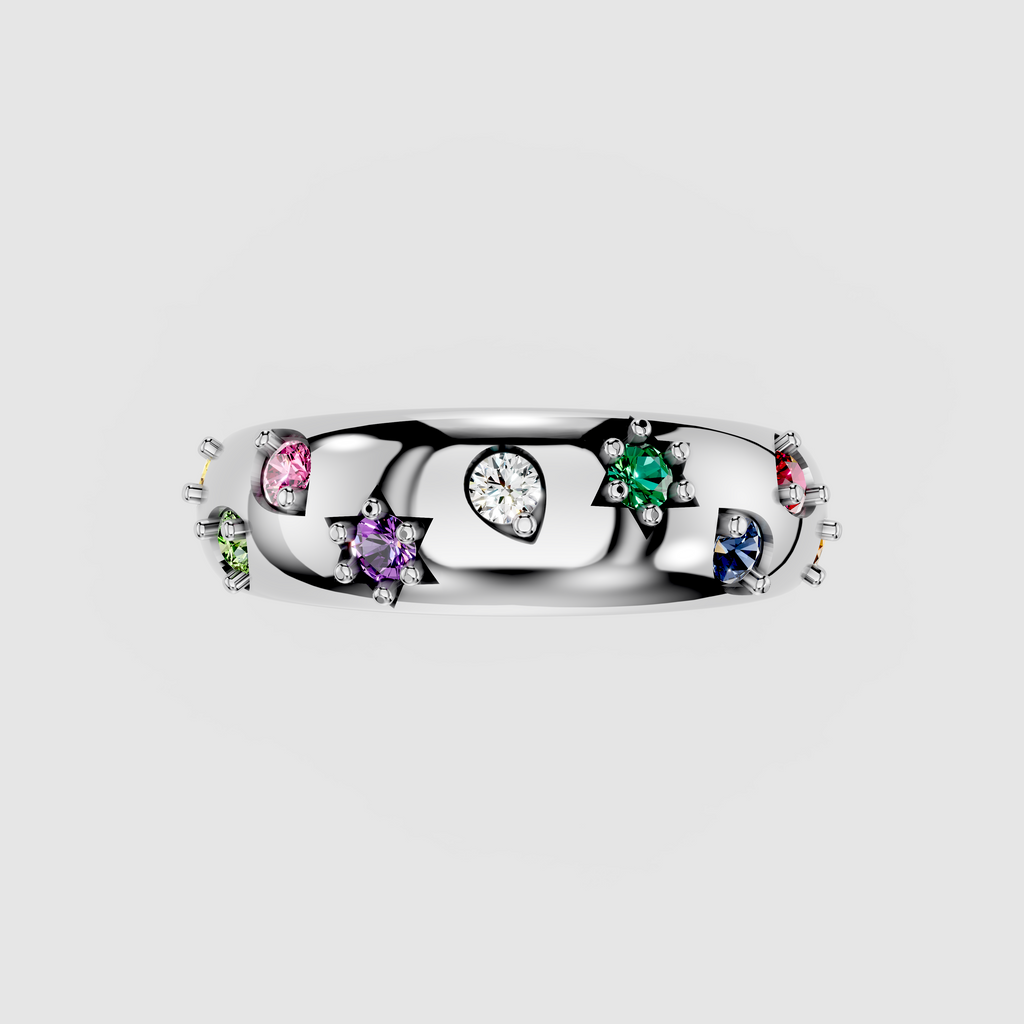 Maisie – Starburst Multi-Color Gemstone Dome Band in 18KT Gold