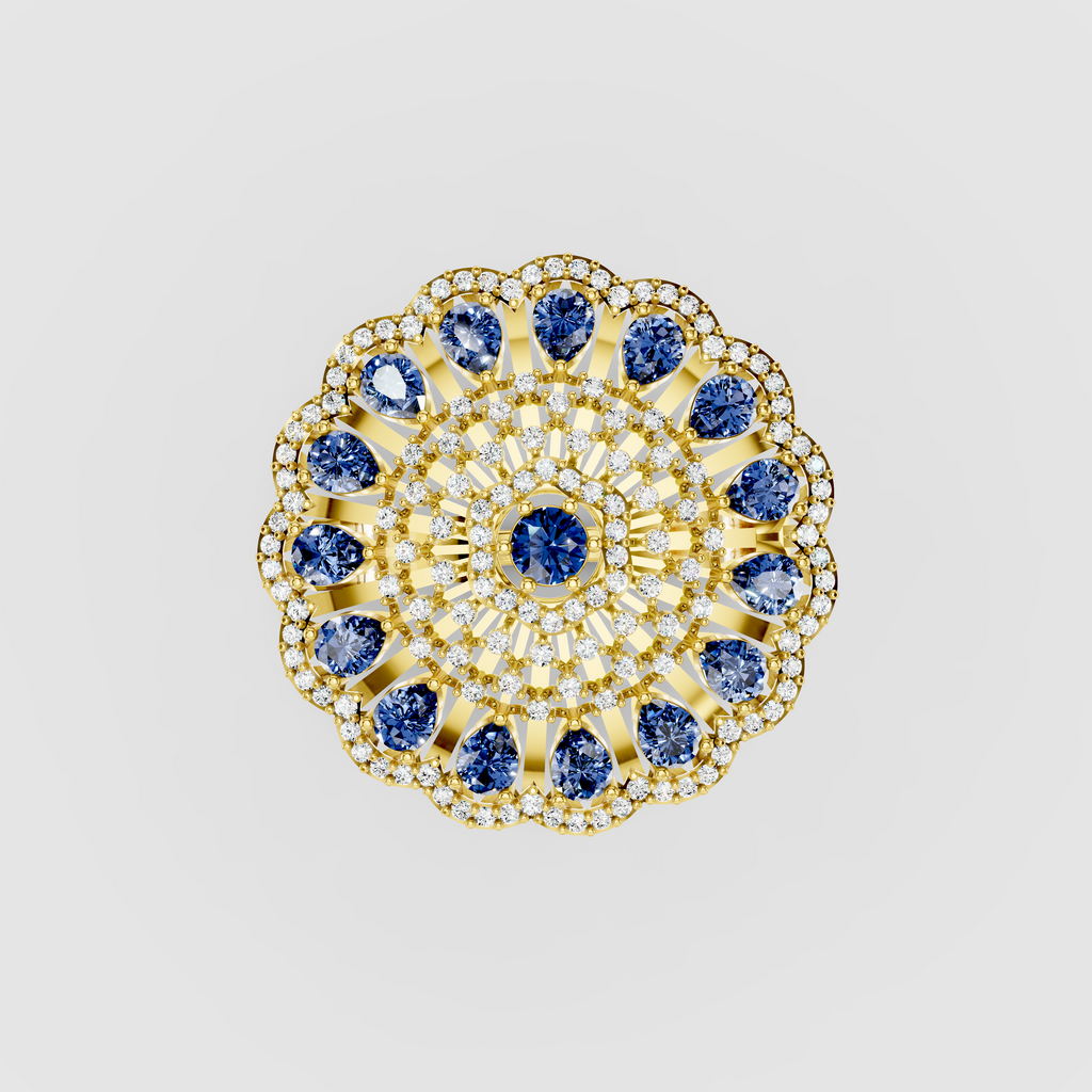 Adeline - Solid 18K Gold Pear Blue Sapphire & Pavé Moissanite Sunburst Ring