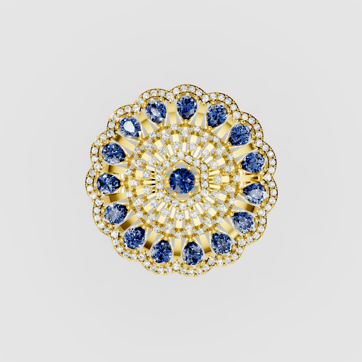Adeline - Solid 18K Gold Pear Blue Sapphire & Pavé Moissanite Sunburst Ring