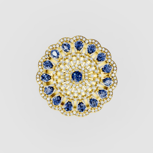 Adeline - Solid 18K Gold Pear Blue Sapphire & Pavé Moissanite Sunburst Ring