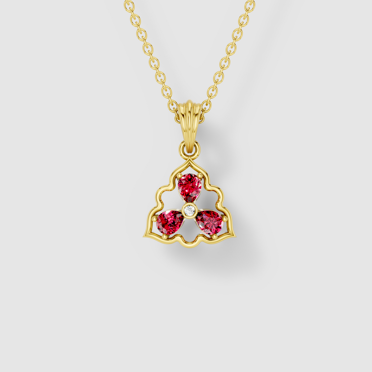 Pamela - Solid 18K Gold Three-Stone Pear Ruby & Moissanite Cluster Pendant"