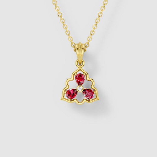 Pamela - Solid 18K Gold Three-Stone Pear Ruby & Moissanite Cluster Pendant"