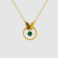 Bella – 18K Gold Butterfly & Beaded Circle Pendant with Hanging Emerald
