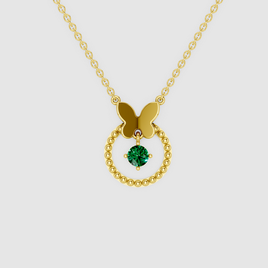 Bella – 18K Gold Butterfly & Beaded Circle Pendant with Hanging Emerald