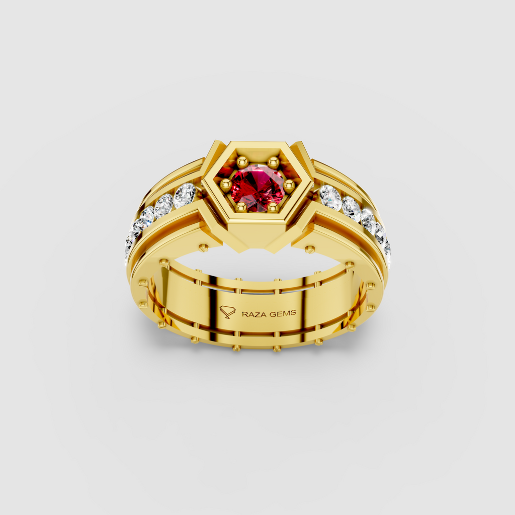 Daisy - 18K Gold Bezel Red Garnet & Moissanite Channel Signet Ring
