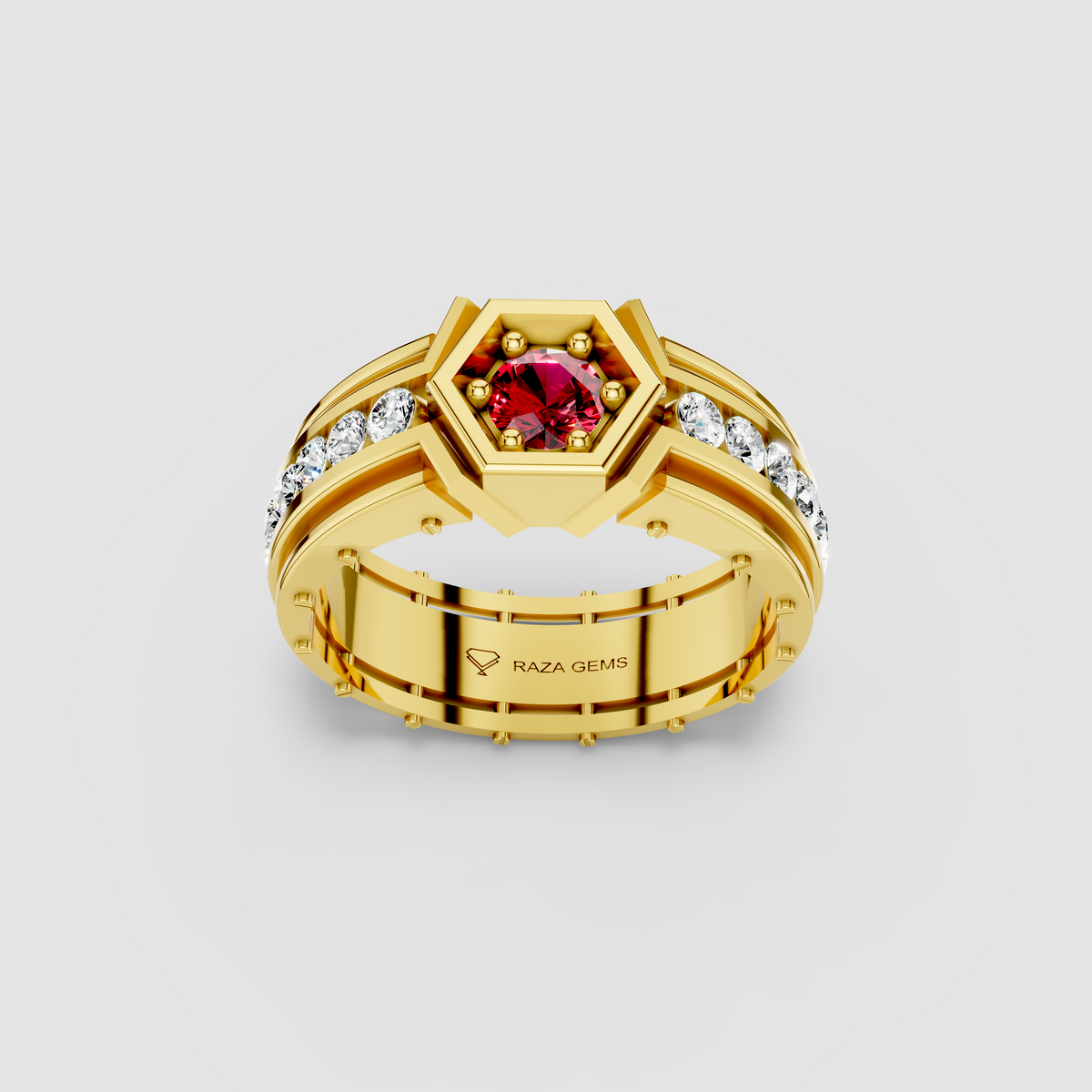 Daisy - 18K Gold Bezel Red Garnet & Moissanite Channel Signet Ring