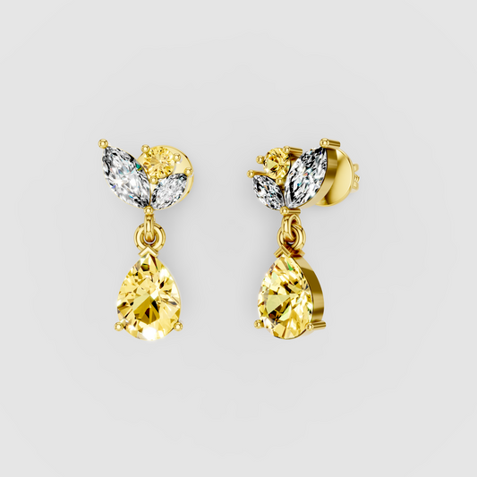 Brenda - 18K Gold Pear Yellow Sapphire & Moissanite Leaf Earrings