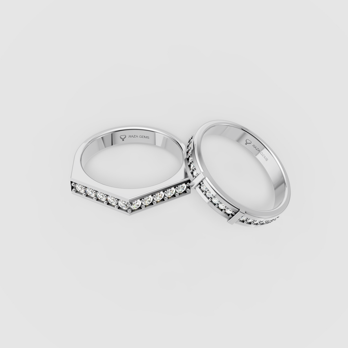 Isabelle – 18K Solid Gold Moissanite Chevron & Channel Couple Band Set