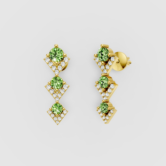Ashley - 18K Gold Three-Tier Peridot & Geometric Moissanite Drop Earrings"