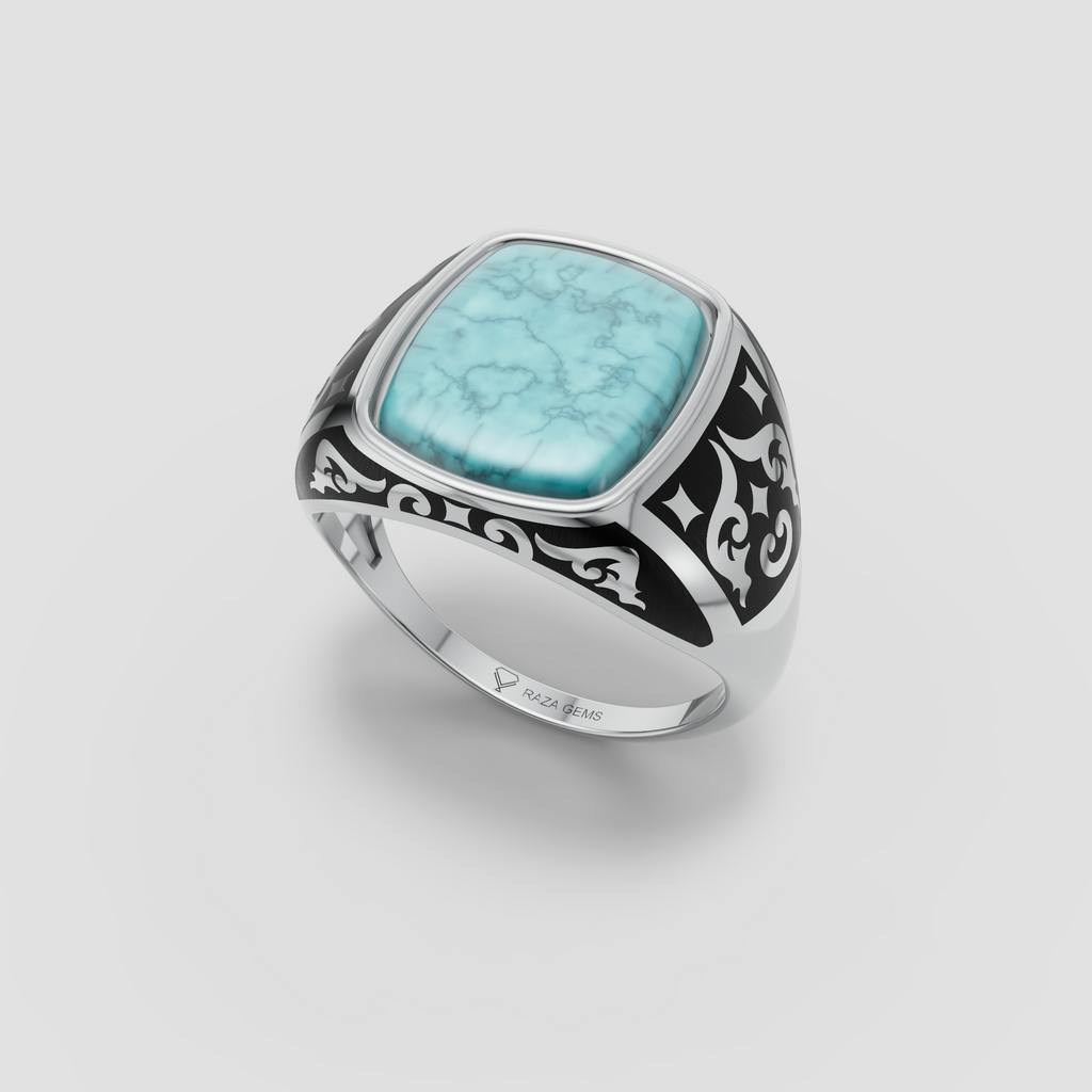 Aria – Cushion Turquoise Ring with Vintage Black Enamel in 18KT Gold