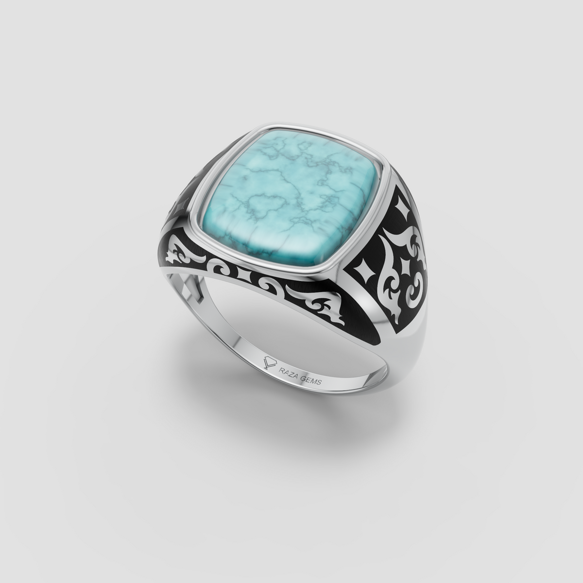 Aria – Cushion Turquoise Ring with Vintage Black Enamel in 18KT Gold