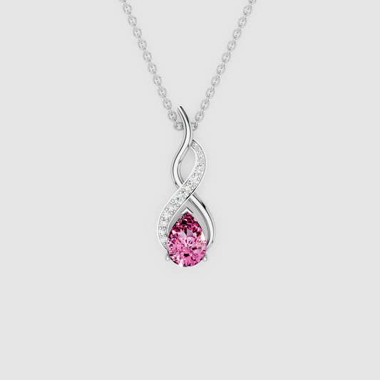 Serenity – Pear-Cut Pink Sapphire Swirl Pendant with Moissanite in 18KT Gold