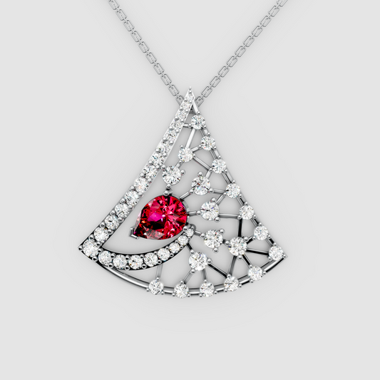 Aurora – Pear Ruby Solitaire Fan-Shaped Pendant with Moissanite in 18KT Gold
