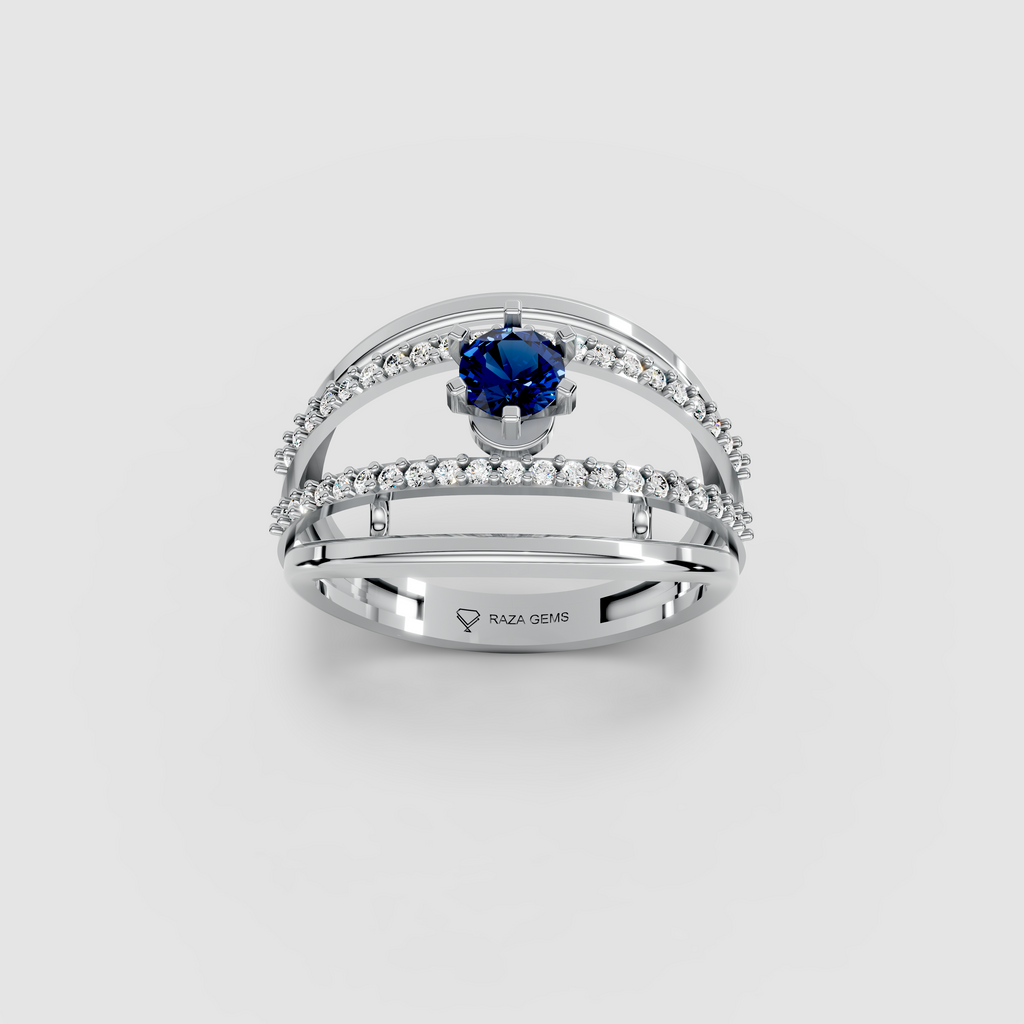 Evelyn – Round Blue Sapphire & Moissanite Double Pavé Band Ring in 18KT Gold