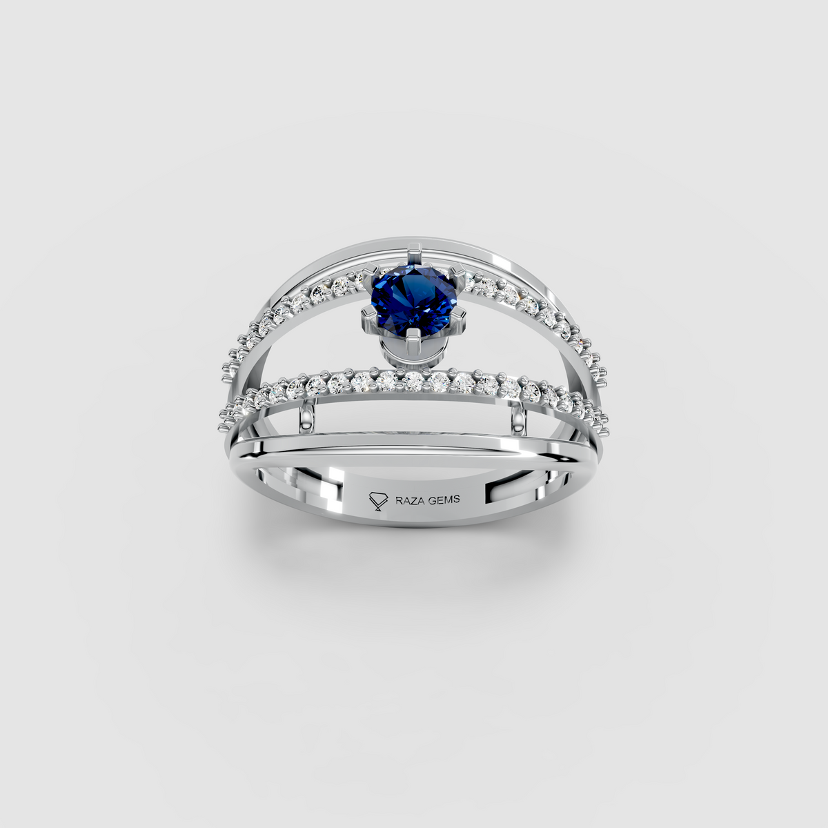 Evelyn – Round Blue Sapphire & Moissanite Double Pavé Band Ring in 18KT Gold