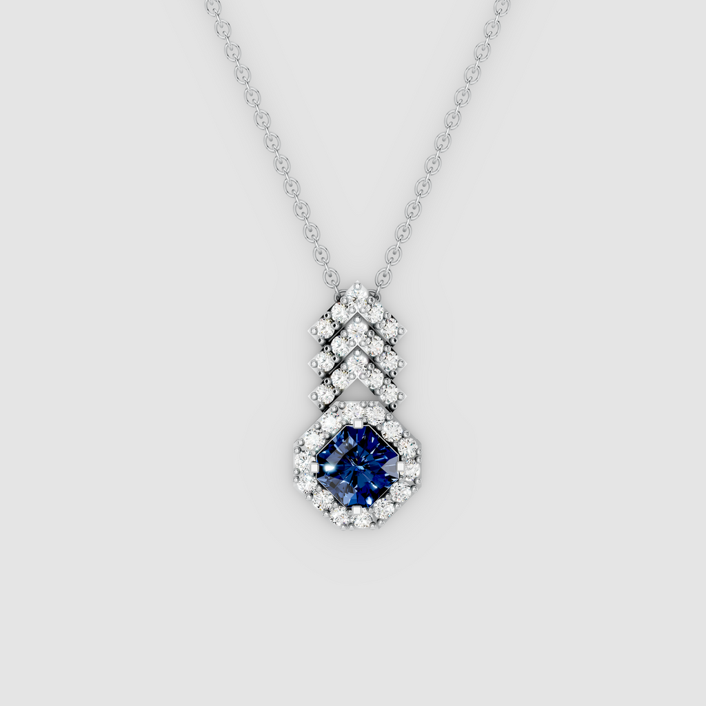 Royal Chevron – Square Blue Sapphire Halo Pendant with Moissanite in 18KT Gold