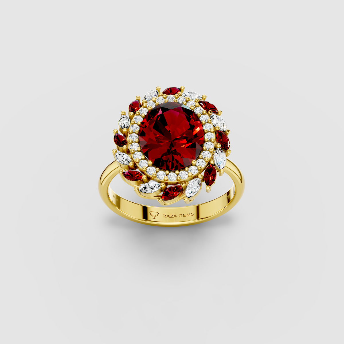 Olivia - Solid 18K Gold Oval Ruby & Marquise Moissanite Cluster Ring