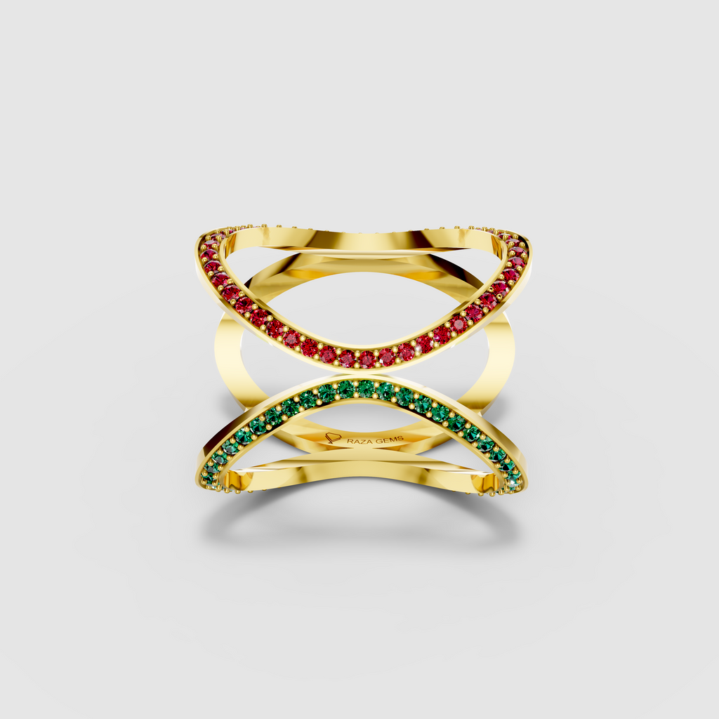 Sophia - 18K Gold Pavé Emerald, Ruby & Moissanite Cage Ring