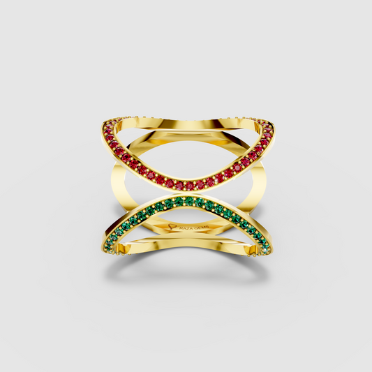 Sophia - 18K Gold Pavé Emerald, Ruby & Moissanite Cage Ring