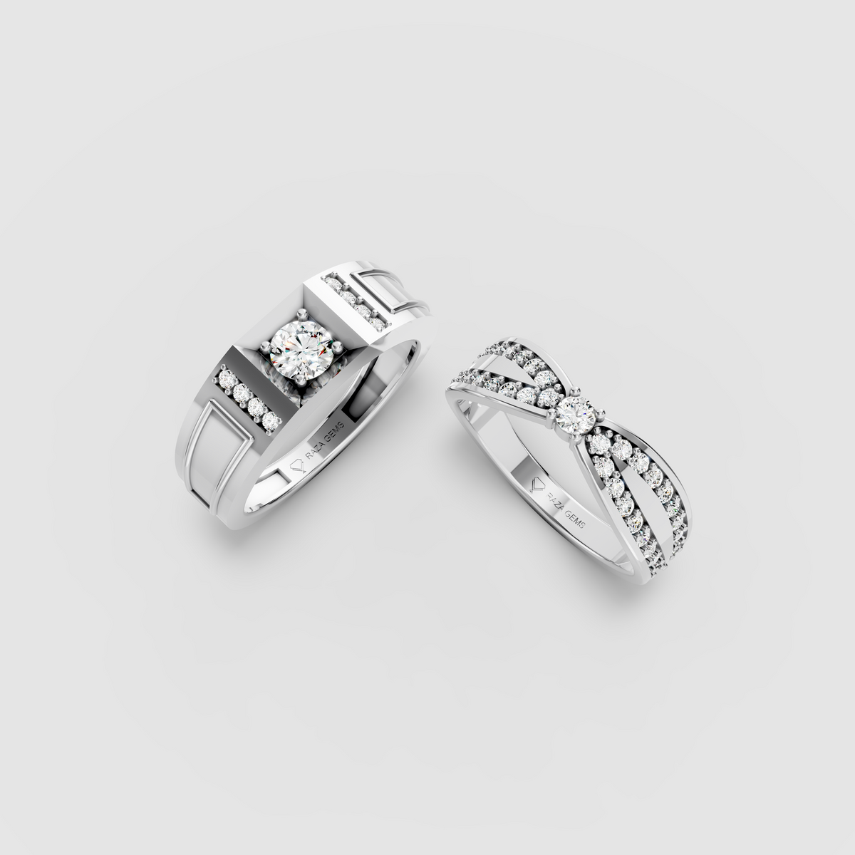 Harriet – 18K Solid Gold Moissanite Bow Crossover & Modern Signet Couple Ring Set