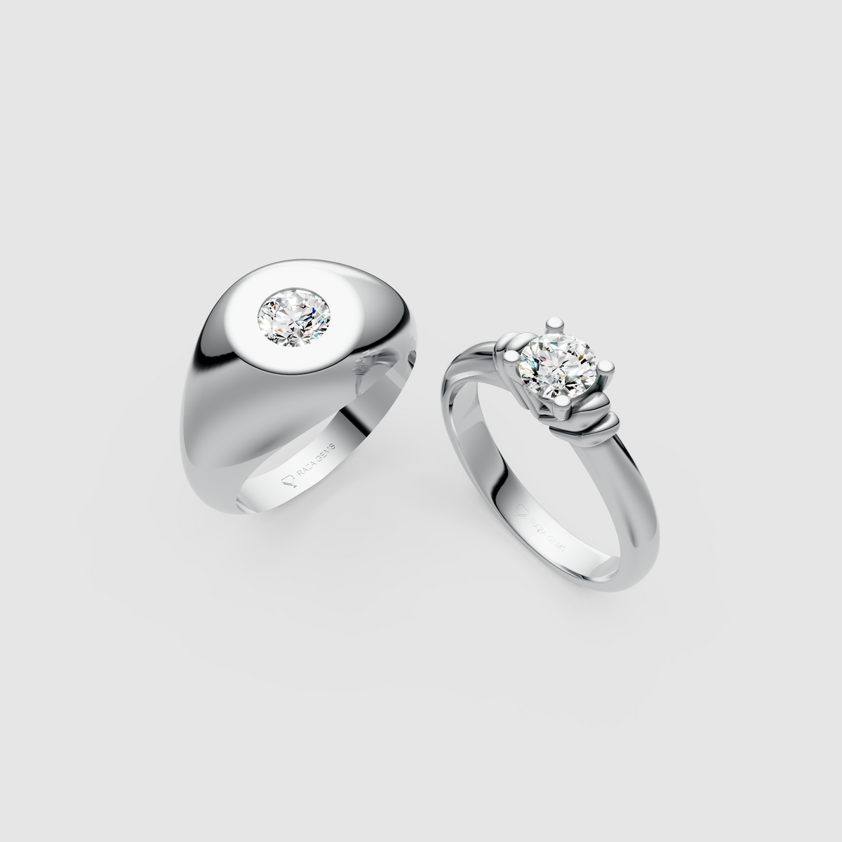 Violet – Modern Moissanite Solitaire & Flush-Set Signet Couple Ring Set in 18KT Gold