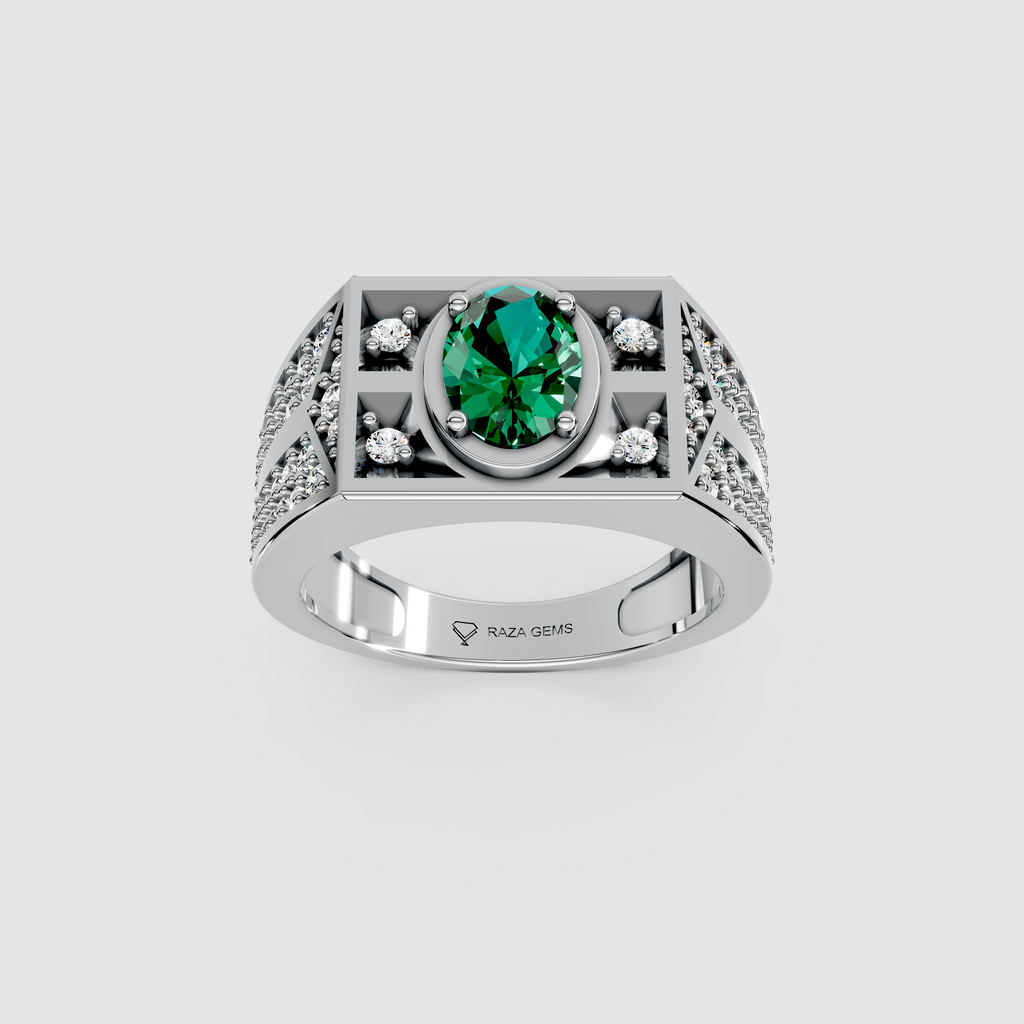 Arabella – Oval Emerald Men's Ring with Moissanite Accents in 18KT Gold