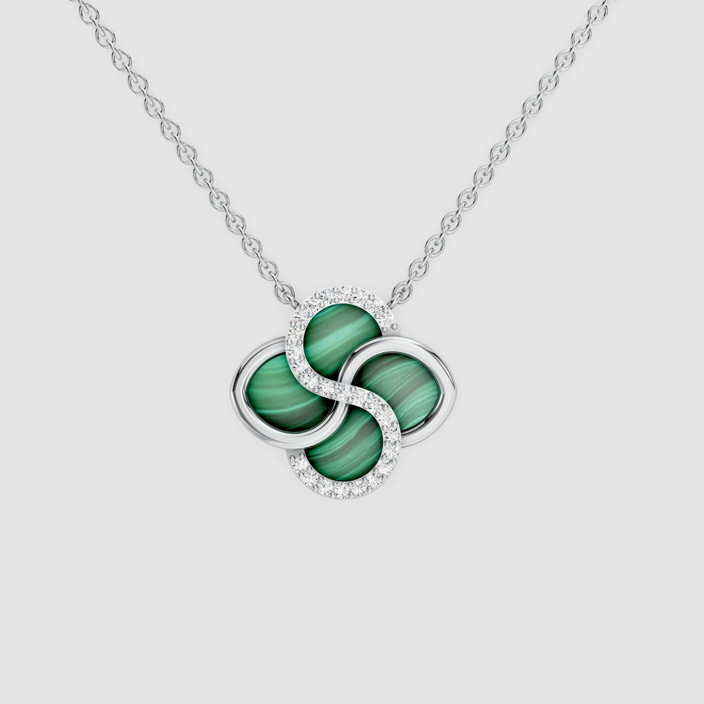 Celestia – 18K Gold Malachite Four-Petal Pinwheel Pendant with Moissanite Swirl
