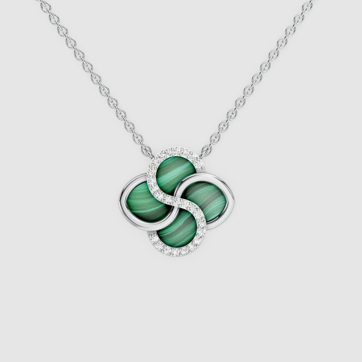 Celestia – 18K Gold Malachite Four-Petal Pinwheel Pendant with Moissanite Swirl